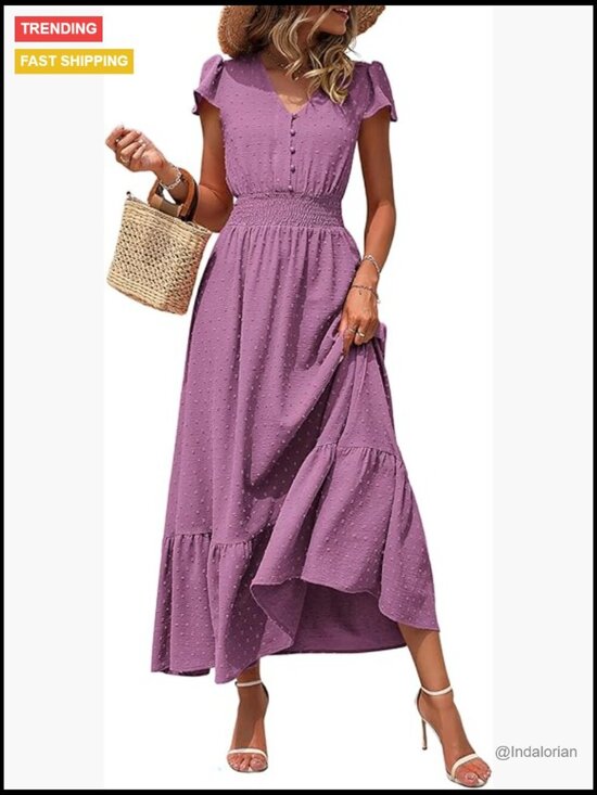 Dresses & Skirts - Swiss Dot Maxi Dress with Smocked Waist and Ruffle Hem